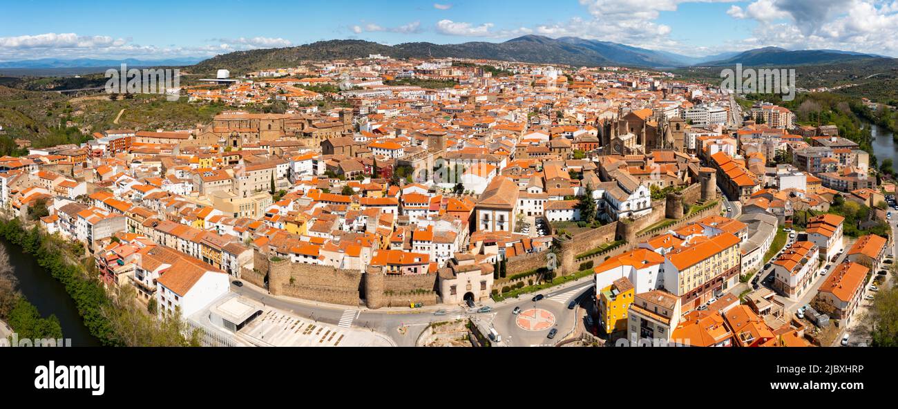 Panoramic view from drone of ancient walled Spanish city of Plasencia Stock Photo