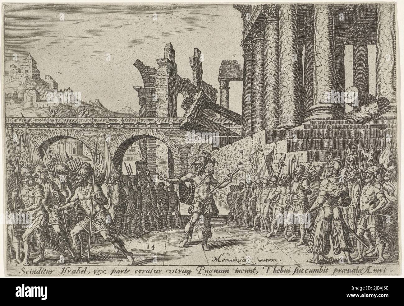 One part of the people wants Tibni as king, the other part is for Omri. In front of the temple and destroyed city, the people are divided into two groups, The people of Israel divided between Tibni and Omri The doomsday of the Jewish people (series title), print maker: Philips Galle, Maarten van Heemskerck, (mentioned on object), Haarlem, 1569, paper, engraving, h 141 mm × w 203 mm Stock Photo