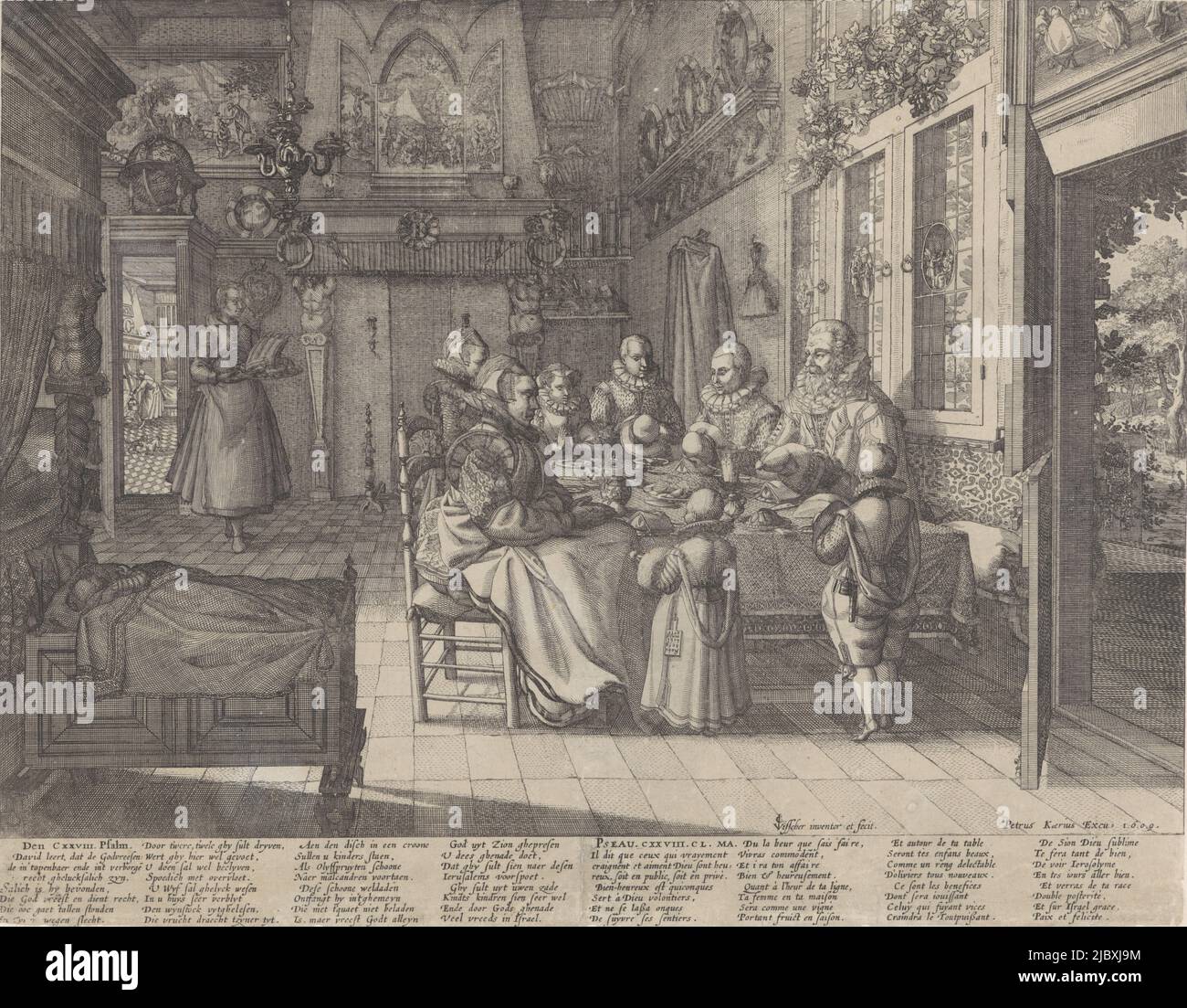 A richly dressed family, consisting of parents and six children, at a set table, praying before the meal. The parents and several children seated, the youngest standing. Two children seen from the back, the right with a slate attached to its belt. In the foreground left, a crib in front of a bedstead. The triptych above the chimney has the worship of Christ by the shepherds on the center panel, the panel on the right the Fall and the panel on the left the crucifixion of Christ. The painting above the doorway depicts the baptism of Christ. The stained glass windows depict from left to right Stock Photo