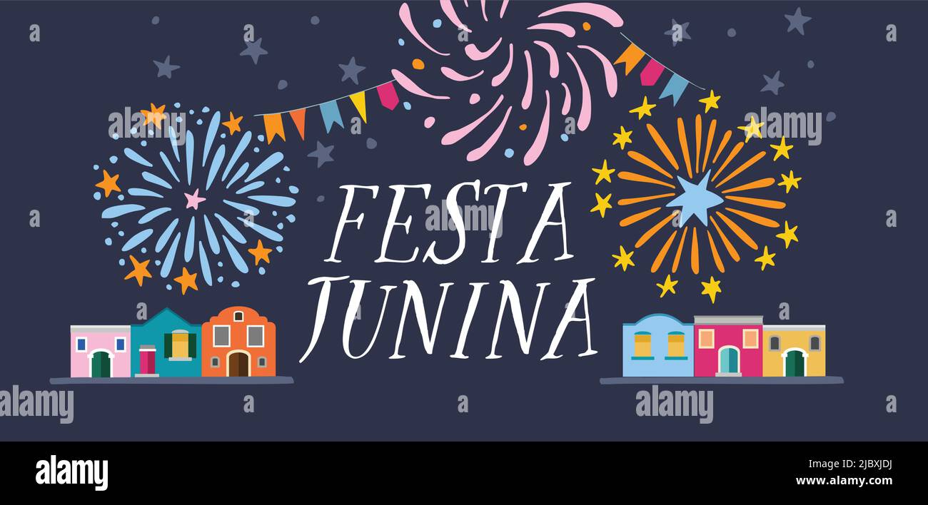 Festa junina, Brazilian june party greeting card, invitation. Sao Joao Latin American holiday. Bunting flags, lanterns, colorful houses and fireworks Stock Vector