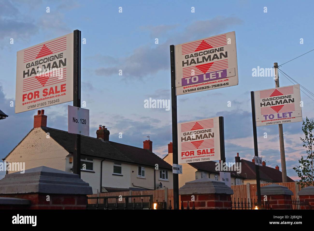 For Sale, Property Signs, Gascoigne Halman, To Let, Lymm, A56,Warrington, Cheshire, England, UK Stock Photo