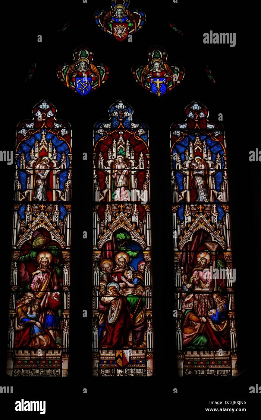 North Stained Glass at St Oswald's Church, Golborne Rd, Winwick, Warrington, Cheshire,England, WA2 8SZ Stock Photo