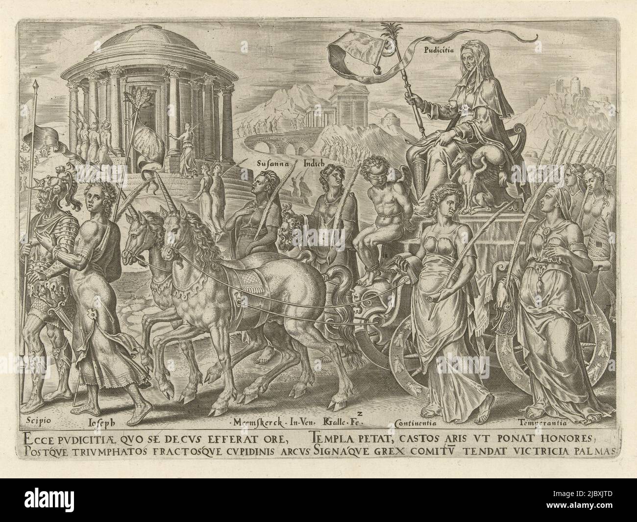 The Chariot of Chastity (Pudicitia), a veiled woman, is drawn by unicorns, legendary chaste animals. Cupid is blindfolded and tied to her feet. In the procession are chaste figures from history, the Bible and classical mythology, for example, the Roman general Scipio, Joseph, Suzanna and the honorable Judit, holding in her hand the head of Holofernes. The virtues of Self-control (Continentia) and Temperance (Temperantia) are also present in the procession. The chariot is driving towards the Temple of Chastity. The print has a Latin caption and is part of the series on the triumphs of Petrarch Stock Photo