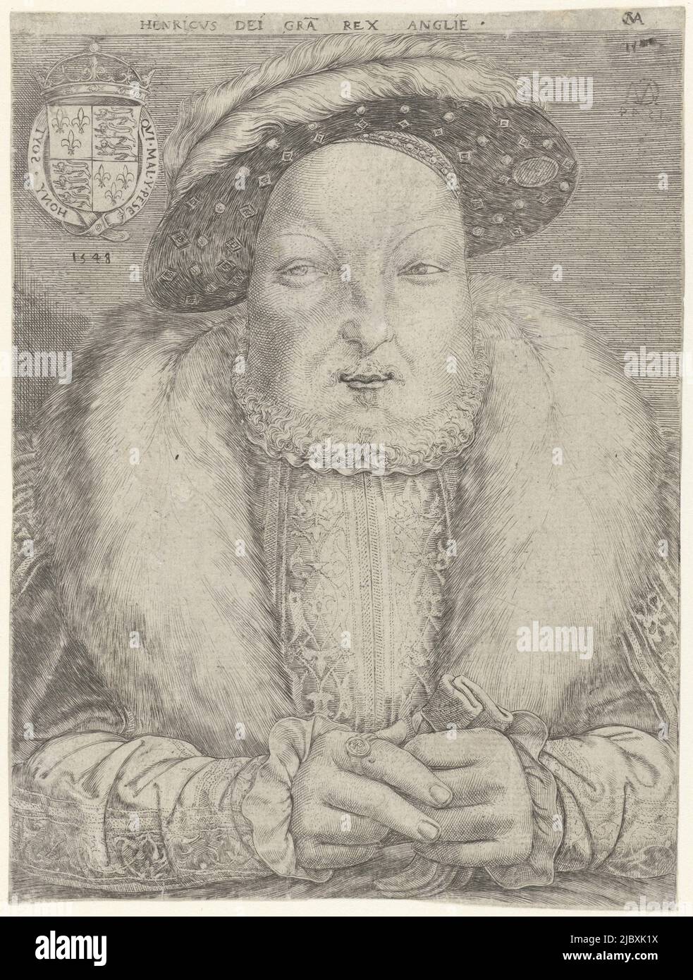 Portrait of Henry VIII, King of England and Ireland, holding a pair of gloves. Top left his coat of arms., Portrait of King Henry VIII of England and Ireland Henricus dei gra rex anglie , print maker: Cornelis Massijs, (mentioned on object), Antwerp, 1548, paper, engraving, h 179 mm × w 134 mm Stock Photo
