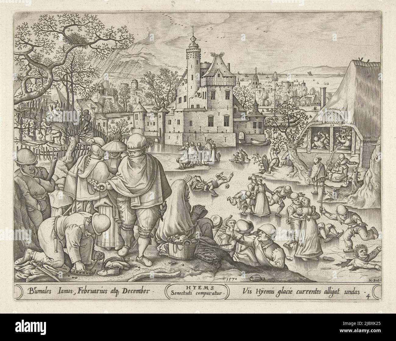 In a vast landscape, villagers carry out activities associated with the months of December, January and February. Near a castle, people are having fun on the ice. Beneath the scene is the title with two lines in Latin on either side. Print from a series of four prints depicting the four seasons, two after Hans Bol and two after Pieter Brueghel I., Winter Hyems  The four seasons (series title), print maker: Pieter van der Heyden, Hans Bol, (mentioned on object), Antwerp, in or after 1570, paper, engraving, h 227 mm × w 288 mm Stock Photo