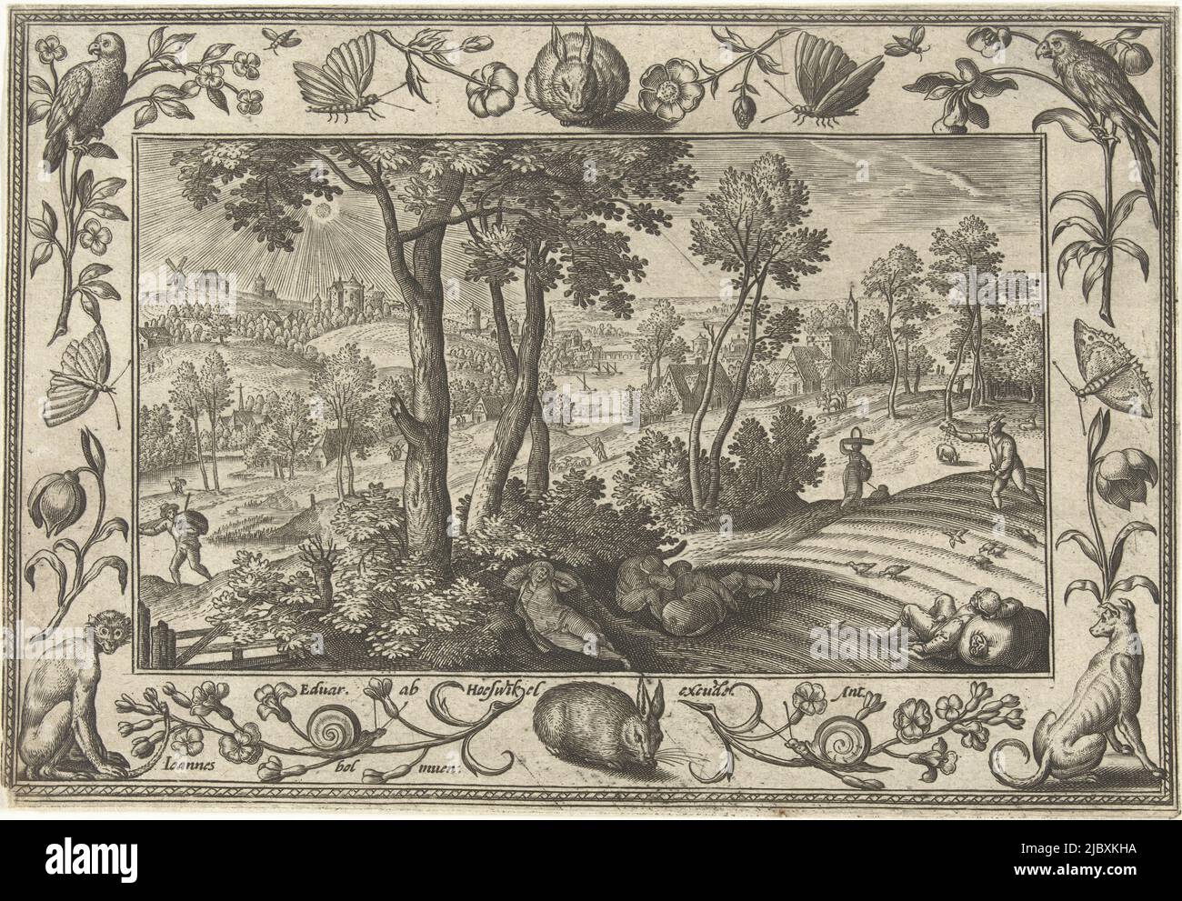 Landscape with field and depiction of Christ's parable of the weeds among the wheat. In the foreground some farmers are sleeping. Meanwhile, the devil is sowing weeds among the wheat. The print has an ornamental frame with flowers and animals. It is one of a twenty-four part series of landscapes with biblical, mythological and hunting scenes, Weeds among the Wheat Landscapes with Biblical, Mythological and Hunting Scenes (series title), print maker: Adriaen Collaert, (mentioned on object), Hans Bol, (mentioned on object), publisher: Eduwart van Hoeswinckel, (mentioned on object), Antwerp, 1582 Stock Photo