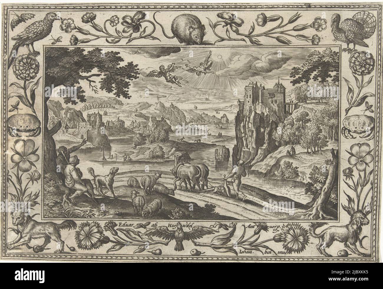 Landscape with field. In the sky Daedalus and Icarus. Icarus is flying too high near the sun. The wax on his wings melts and he falls from the sky. In the foreground, a farmer looks up from plowing, while two shepherds look up at the sky and point. The print has an ornamental frame with flowers and animals. It is part of a twenty-four-volume series of landscapes with Biblical, mythological scenes and hunting scenes., Fall of Icarus Landscapes with Biblical, mythological scenes and hunting scenes (series title), print maker: Adriaen Collaert, (mentioned on object), Hans Bol, (mentioned on Stock Photo