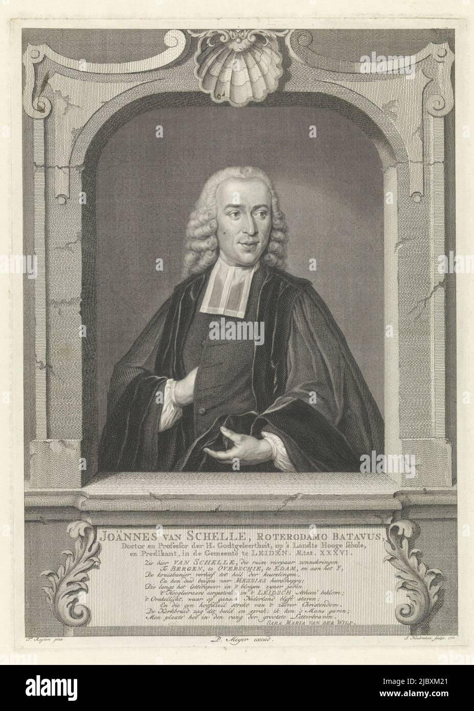 Portrait in the half-figure of Johannes van Schelle at age 36 in an architectural window. Beneath the window his name and details in three lines in Dutch and below that a ten line verse in Dutch., Portrait of Johannes van Schelle Joännes van Schelle , print maker: Jacob Houbraken, (mentioned on object), after: Tibout Regters, (mentioned on object), Sara Maria van der Wilp, (mentioned on object), Amsterdam, 1760, paper, engraving, etching, h 344 mm × w 248 mm Stock Photo