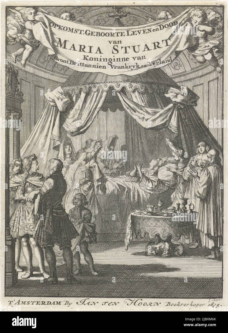 Deathbed of Mary II Stuart, Queen of England and Scotland, 1695 Title page for: P. Rabus, Rise, birth, life and death of Mary Stuart, 1695, print maker: Jan Luyken, (mentioned on object), publisher: Jan Claesz ten Hoorn, (mentioned on object), Amsterdam, 1695, paper, etching, letterpress printing, h 181 mm × w 133 mm Stock Photo