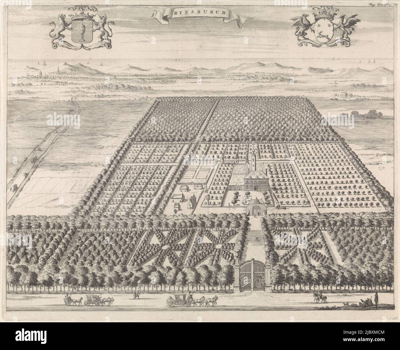 Bird's eye view of the Rijnsburg country house near Oostkapelle. To the right of center is the country house surrounded by gardens and orchards. In the background the dunes and sea. Top left the coat of arms of owner Jacob Godin, in the center a banderole with the title, top right the coat of arms of his wife Catharina de Haze. Marked at top right: Pag. 672. No. 1, View of the country house Rijnsburg Rynsburch , print maker: Jan Luyken, publisher: Johannes Meertens, (possibly), publisher: Abraham van Someren, (possibly), print maker: Amsterdam, publisher: Middelburg, publisher: Amsterdam, 1696 Stock Photo