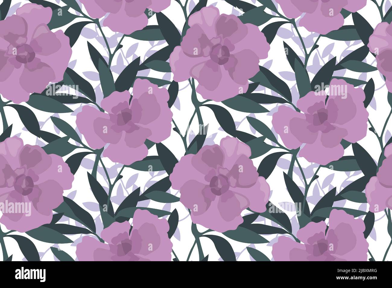 Vector floral seamless pattern. Lilac flowers with green twigs and leaves on a white background. Stock Vector