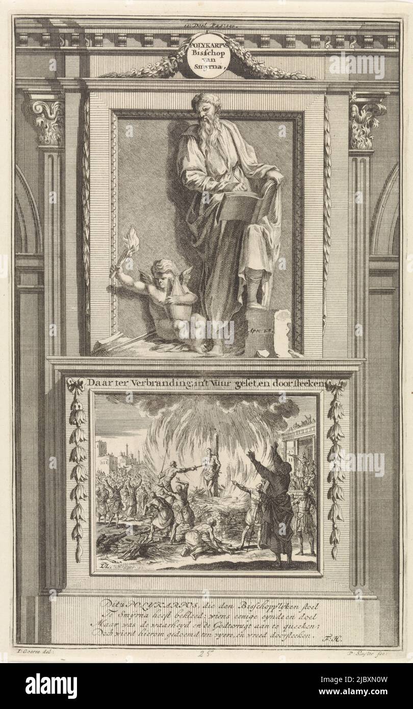 The holy apostolic father Polycarp of Smyrna writes in a book and looks at the angel sitting next to him with a burning torch and bishop's mitre. Polycarp is standing on a pedestal. On the obverse the scene in which he is stabbed to death at the stake because the fire will not consume him. Print marked top center: II: Part Pag. 150., St. Polycarp of Smyrna, Apostolic Father Polycarp Bishop of Smyrna, There to Burn, in't Fire Set, and Pierced , print maker: Jan Luyken, (mentioned on object), print maker: Zacharias Chatelain (II), (mentioned on object), intermediary draughtsman: Jan Goeree, ( Stock Photo