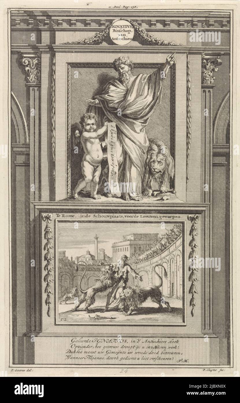 The holy apostolic father Ignatius of Antioch is accompanied by a lion and looks at the angel holding an unrolled piece of paper next to him. Ignatius is standing on a pedestal where the obverse depicts him being mauled by lions in the Colosseum in Rome. Print marked top center: II: Part: Pag: 138., Saint Ignatius of Antioch, Apostolic Father Ignatius, Bishop of Antioch. At Rome, in the Fireplace, thrown to the Lions , print maker: Jan Luyken, (mentioned on object), print maker: Zacharias Chatelain (II), (mentioned on object), intermediary draughtsman: Jan Goeree, (mentioned on object Stock Photo