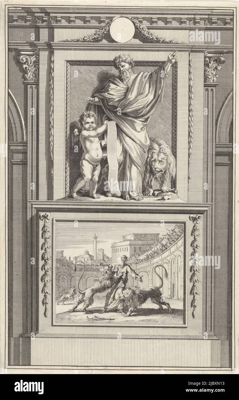 The holy apostolic father Ignatius of Antioch is accompanied by a lion and looks at the angel holding an unrolled piece of paper beside him. Ignatius stands on a pedestal where the obverse depicts him being mauled by lions in the Colosseum at Rome., St. Ignatius of Antioch, Apostolic Father, print maker: Jan Luyken, print maker: Zacharias Chatelain (II), intermediary draughtsman: Jan Goeree, Amsterdam, 1698, paper, etching, engraving, h 279 mm × w 179 mm Stock Photo