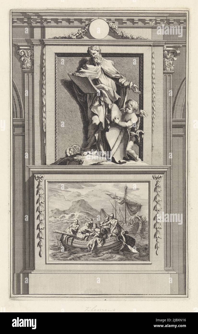 The holy church father Clemens of Rome studies a scripture while an angel adorns a coat of arms with a bishop's mitre before him. Clemens stands on a pedestal. On the obverse the scene in which he is cast into the sea tied to an anchor., St. Clement of Rome, Church Father, print maker: Jan Luyken, print maker: Zacharias Chatelain (II), intermediary draughtsman: Jan Goeree, Amsterdam, 1698, paper, etching, engraving, h 276 mm × w 172 mm Stock Photo