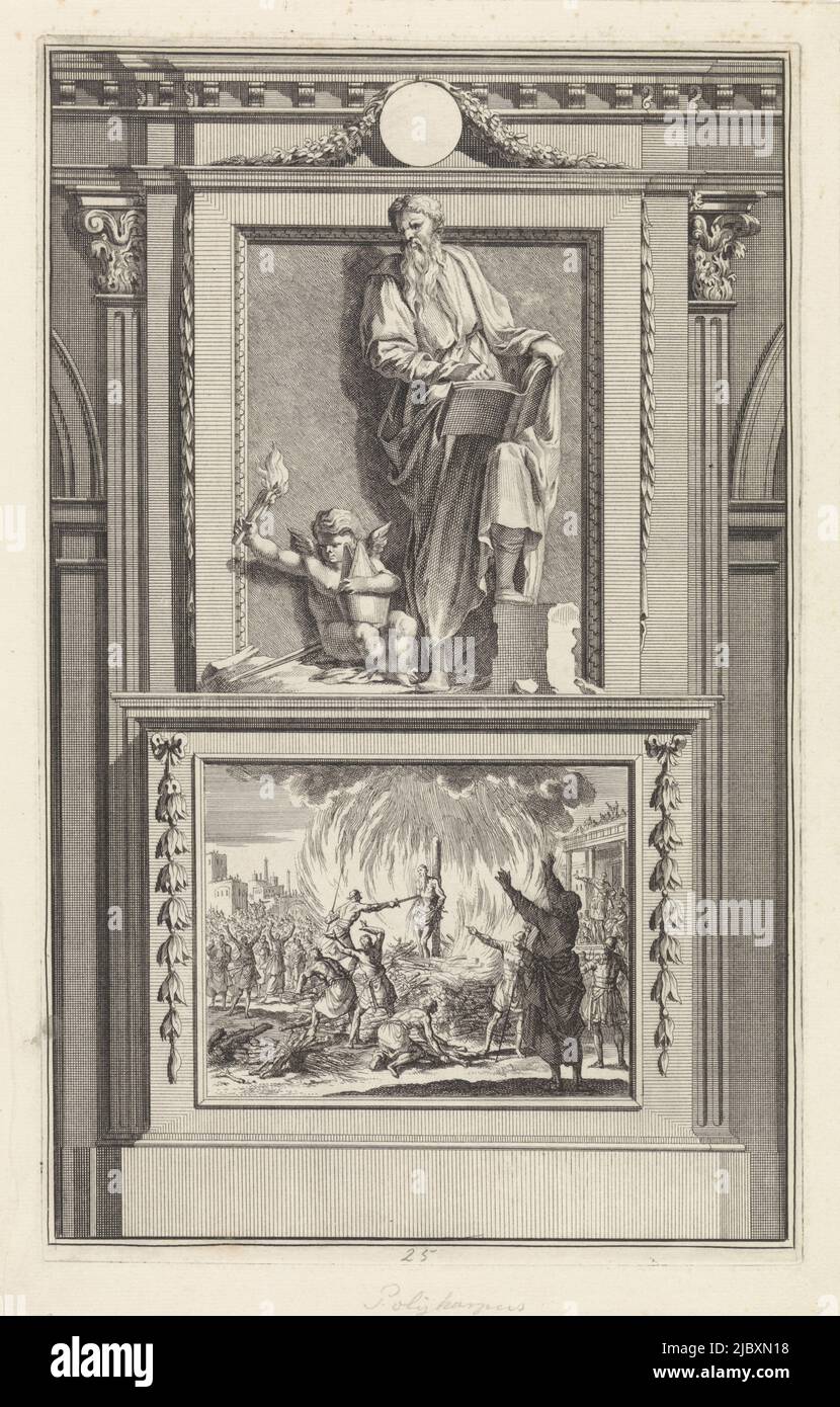 The holy apostolic father Polycarp of Smyrna is writing in a book and looking at the angel sitting next to him with a burning torch and bishop's mitre. Polycarp is standing on a pedestal. On the obverse the scene in which he is stabbed to death at the stake because the fire will not consume him., St. Polycarp of Smyrna, Apostolic Father, print maker: Jan Luyken, print maker: Zacharias Chatelain (II), intermediary draughtsman: Jan Goeree, Amsterdam, 1698, paper, etching, engraving, h 274 mm × w 172 mm Stock Photo