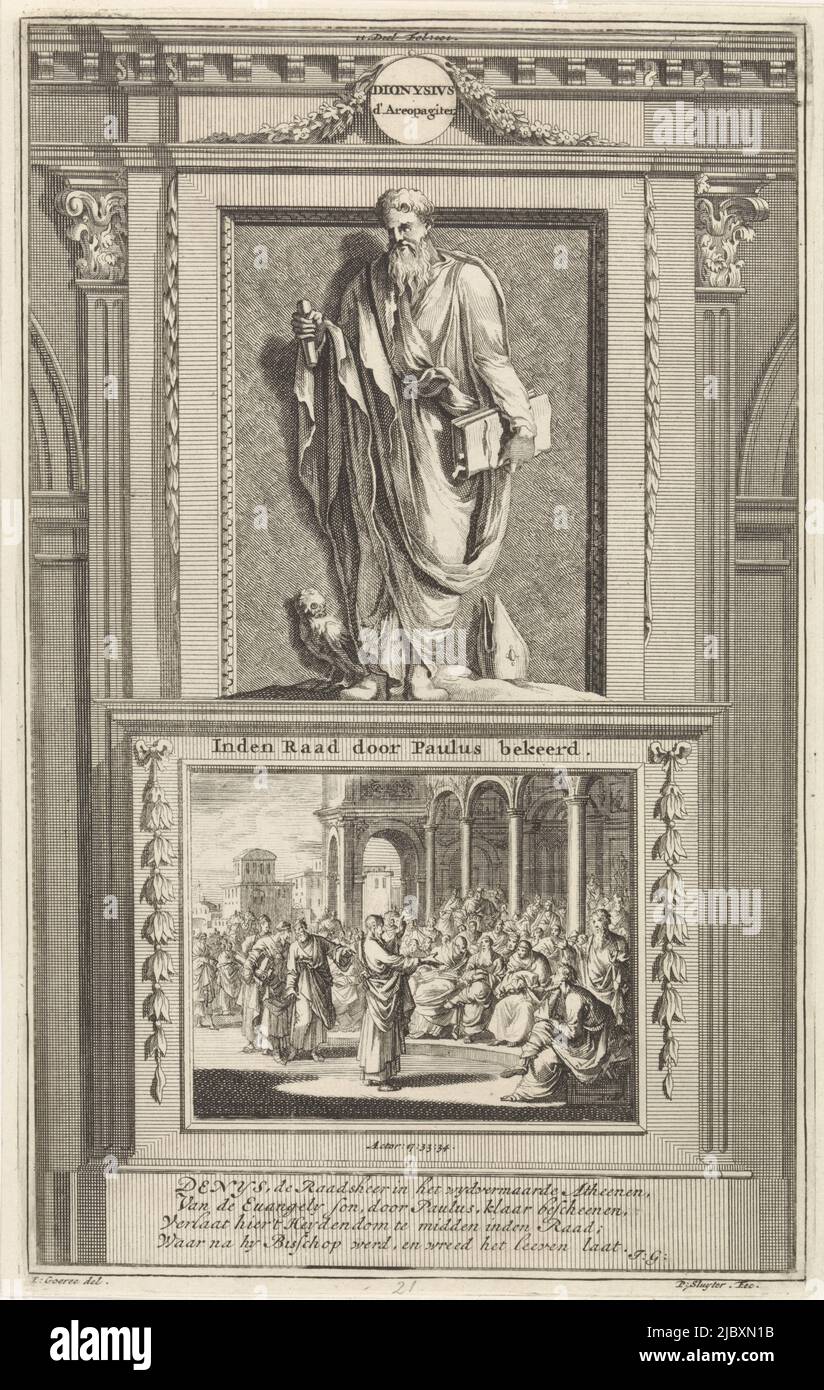 Saint Dionysius the Areopagite stands with a book and a command staff in his hands. At his feet an owl and a bishop's miter. Dionysius stands on a pedestal where his conversion to Christianity is depicted on the front. Print marked top center: II Part Fol: 101., H. Dionysius the Areopagite Dionysius d'Areopagiter Inden Raad by Paul converted , print maker: Jan Luyken, (mentioned on object), print maker: Zacharias Chatelain (II), (mentioned on object), intermediary draughtsman: Jan Goeree, (mentioned on object), Amsterdam, 1698, paper, etching, engraving, h 277 mm × w 172 mm Stock Photo