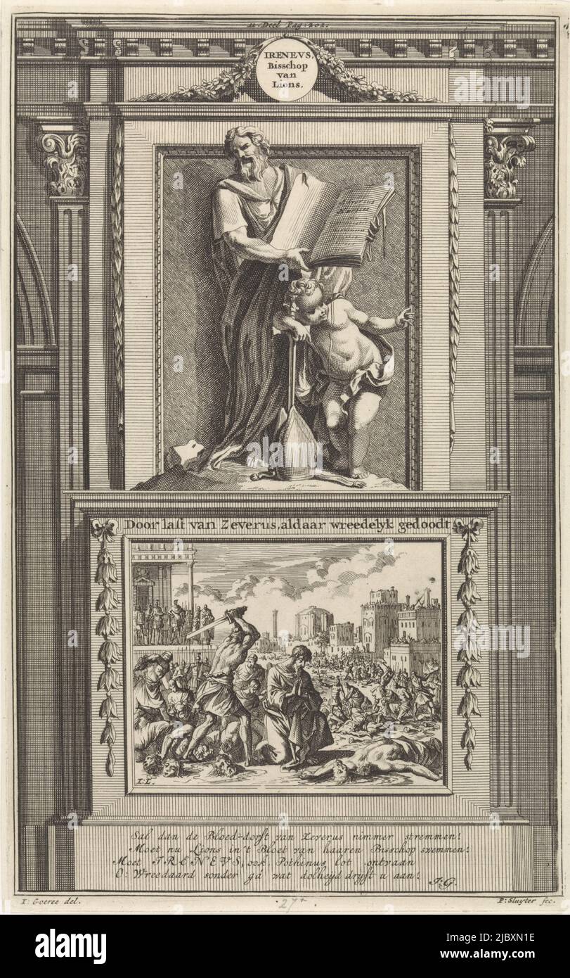 The holy church father Irene of Lyon stands with an opened book in his hands. Beside him, an angel rests on a sword tucked into a bishop's mitre. Ireneus stands on a pedestal where his beheading is depicted on the front. Print marked top center: II. Part Pag: 202., Saint Irene of Lyon, Church Father Ireneus, Bishop of Lions. By order of Zeverus, there cruelly slain , print maker: Jan Luyken, (mentioned on object), print maker: Zacharias Chatelain (II), (mentioned on object), intermediary draughtsman: Jan Goeree, (mentioned on object), Amsterdam, 1698, paper, etching, engraving, h 276 mm × w Stock Photo