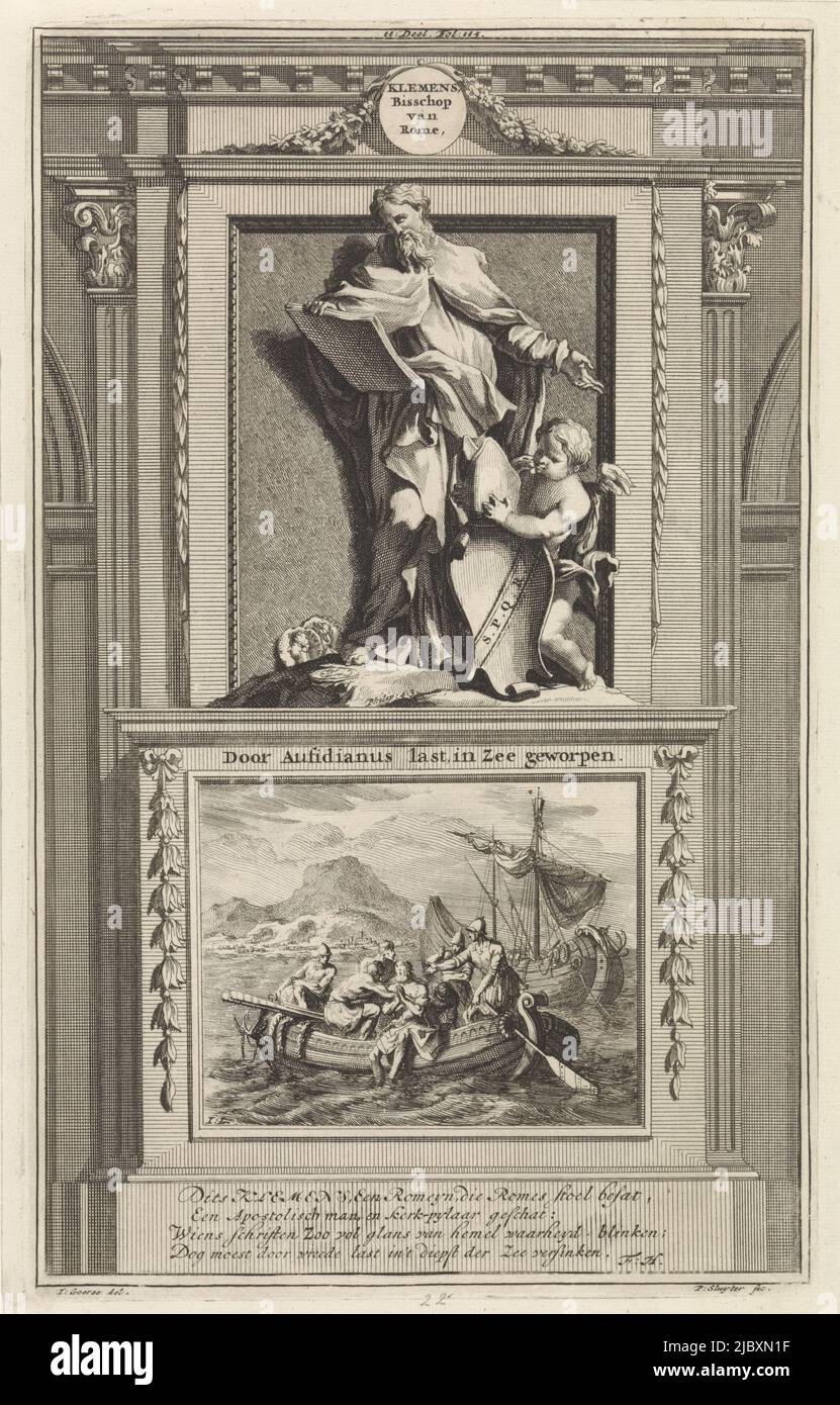 The holy church father Clemens of Rome studies a scripture while an angel adorns a coat of arms with a bishop's mitre before him. Clemens stands on a pedestal. On the obverse the scene in which he is thrown into the sea tied to an anchor. Print marked top center: II: Part. Fol: 115., Saint Clemens of Rome, Church Father Clemens, Bishop of Rome, By Aufidianus burden, thrown into the sea , print maker: Jan Luyken, (mentioned on object), print maker: Zacharias Chatelain (II), (mentioned on object), intermediary draughtsman: Jan Goeree, (mentioned on object), Amsterdam, 1698, paper, etching Stock Photo