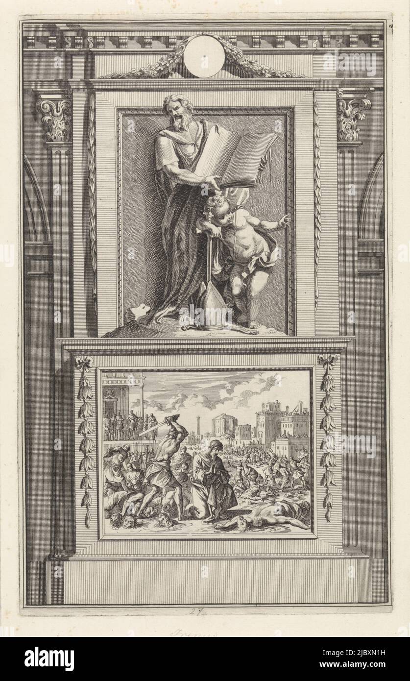 The holy church father Irene of Lyon stands with an opened book in his hands. Beside him, an angel rests on a sword tucked into a bishop's mitre. Irene stands on a pedestal where his beheading is depicted on the front., St. Irene of Lyon, Church Father, print maker: Jan Luyken, print maker: Zacharias Chatelain (II), intermediary draughtsman: Jan Goeree, Amsterdam, 1698, paper, etching, engraving, h 274 mm × w 171 mm Stock Photo