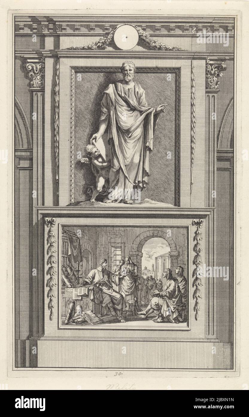 The holy church father Melito of Sardes with a book in his hands, behind him an angel. Melito stands on a pedestal where on the front his teaching of Christian doctrine is depicted., H. Melito of Sardes, Church Father, print maker: Jan Luyken, print maker: Zacharias Chatelain (II), intermediary draughtsman: Jan Goeree, Amsterdam, 1698, paper, etching, engraving, h 279 mm × w 179 mm Stock Photo