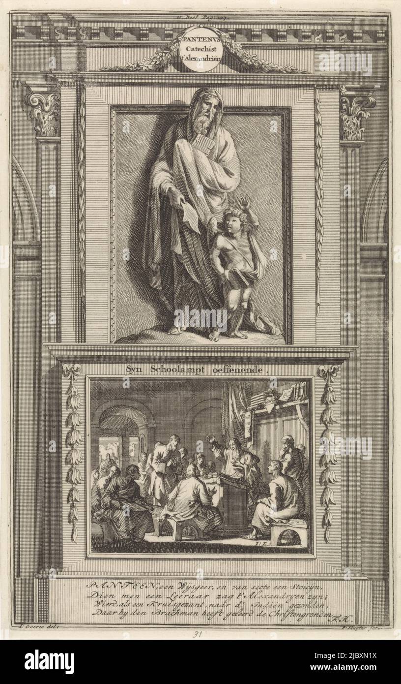 The holy church father Pantenus of Alexandria with a book in his hands. In front of him is an angel also holding a book. Pantenus is standing on a pedestal where his teaching in the School of Alexandria is depicted on the front. Print marked top center: II Part Pag: 227., H. Pantenus of Alexandria, Church Father Pantenus Catechist t'Alexandria, Syn Schoolampt oeffenende , print maker: Jan Luyken, (mentioned on object), print maker: Zacharias Chatelain (II), (mentioned on object), intermediary draughtsman: Jan Goeree, (mentioned on object), Amsterdam, 1698, paper, etching, engraving, h 275 mm Stock Photo