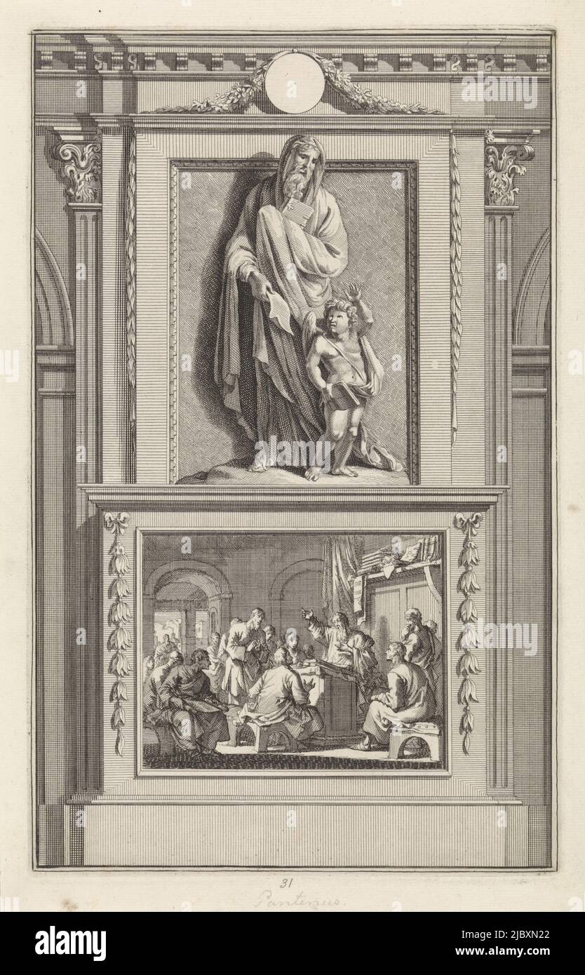 The holy church father Pantenus of Alexandria with a book in his hands. In front of him is an angel also holding a book. Pantenus stands on a pedestal where on the front is depicted his teaching in the School of Alexandria., Saint Pantenus of Alexandria, Church Father, print maker: Jan Luyken, print maker: Zacharias Chatelain (II), intermediary draughtsman: Jan Goeree, Amsterdam, 1698, paper, etching, engraving, h 275 mm × w 173 mm Stock Photo