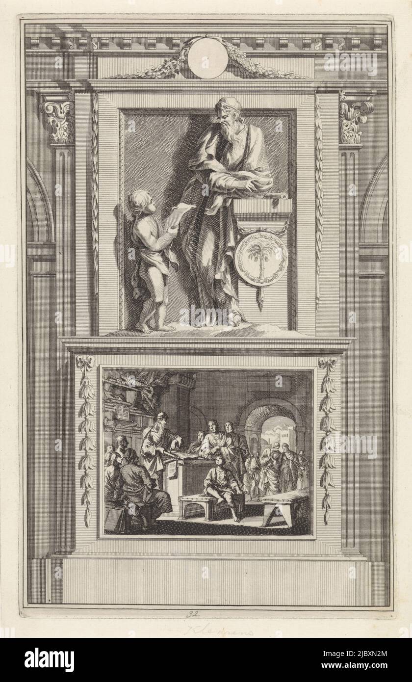 The holy church father Clemens of Alexandria listening to an angel reading him a text. Clemens stands on a pedestal where on the front is depicted his teaching in the School of Alexandria, St. Clement of Alexandria, Church Father, print maker: Jan Luyken, print maker: Zacharias Chatelain (II), intermediary draughtsman: Jan Goeree, Amsterdam, 1698, paper, etching, engraving, h 277 mm × w 173 mm Stock Photo