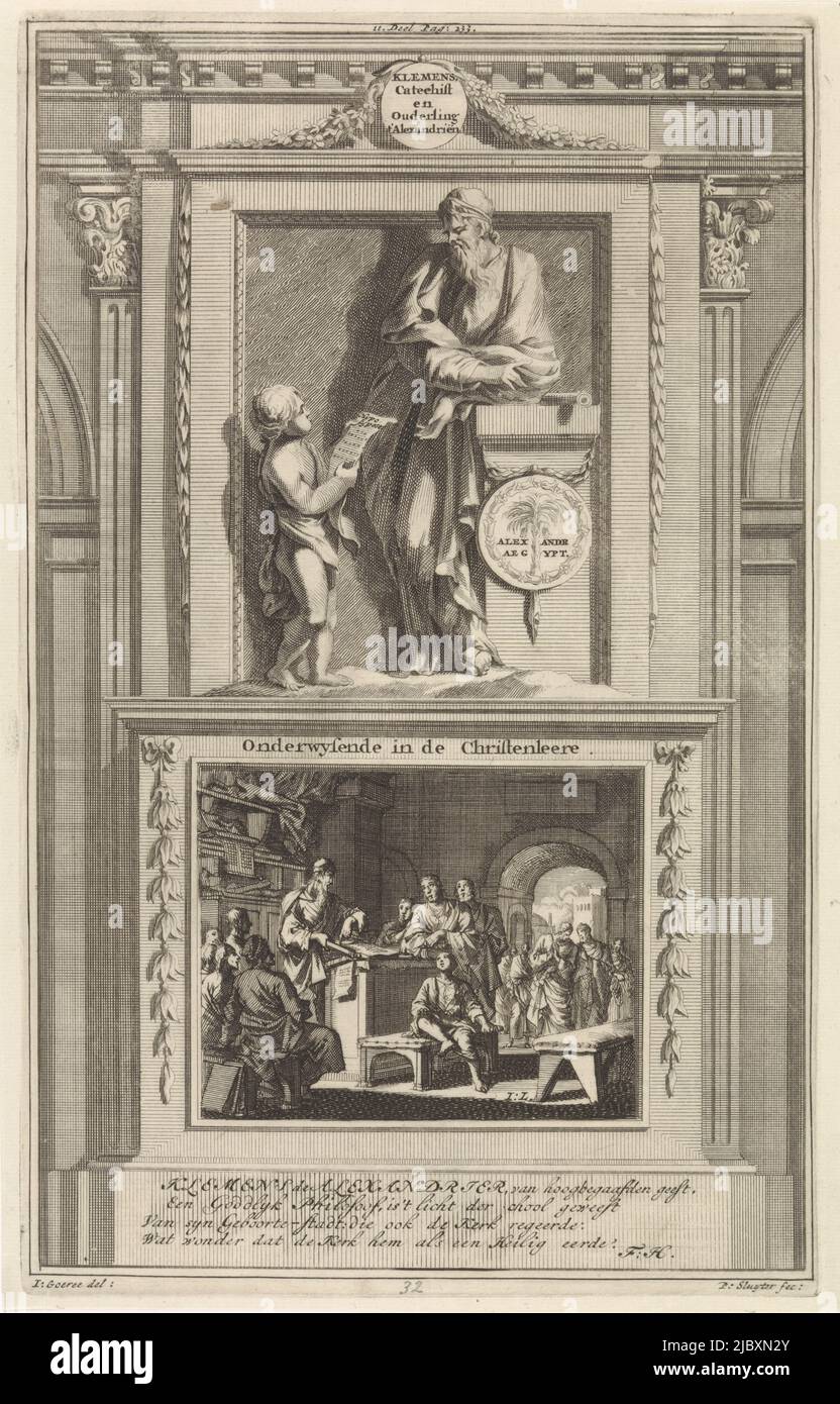 The holy church father Clement of Alexandria listening to an angel reading him a text. Clemens stands on a pedestal where his teaching at the School of Alexandria is depicted on the front. Print marked top center: II Part Pag: 233., H. Clemens of Alexandria, Church Father Clemens, Catechist and Elder t'Alexandriën Teaching in the Christenleere , print maker: Jan Luyken, (mentioned on object), print maker: Zacharias Chatelain (II), (mentioned on object), intermediary draughtsman: Jan Goeree, (mentioned on object), Amsterdam, 1698, paper, etching, engraving, h 279 mm × w 173 mm Stock Photo