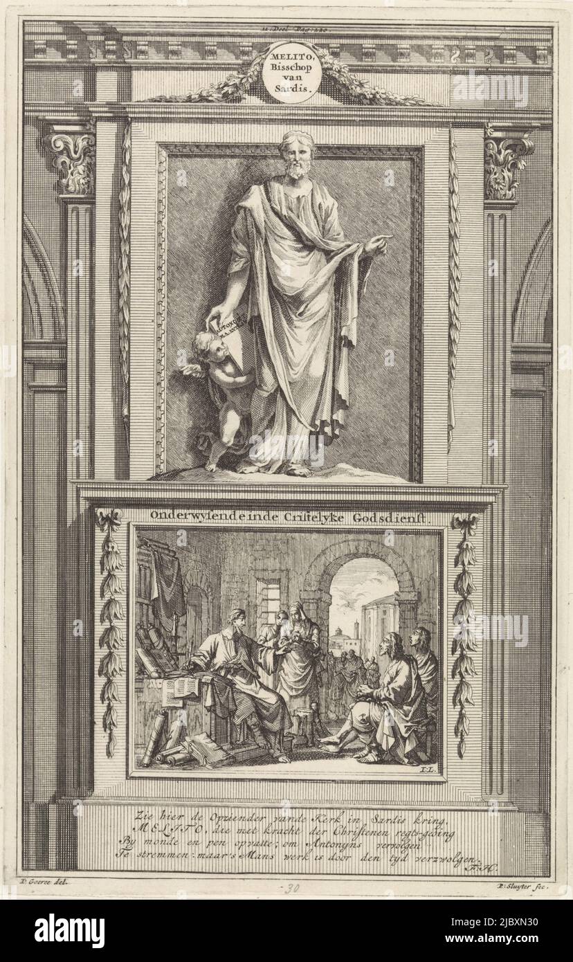 The holy church father Melito of Sardes with a book in his hands, behind him an angel. Melito stands on a pedestal where his teaching of Christian doctrine is depicted on the front. Print marked top center: II. Part Pag: 220., H. Melito of Sardes, Church Father Melito Bishop of Sardis. Educating in the Christian Religion , print maker: Jan Luyken, (mentioned on object), print maker: Zacharias Chatelain (II), (mentioned on object), intermediary draughtsman: Jan Goeree, (mentioned on object), Amsterdam, 1698, paper, etching, engraving, h 282 mm × w 179 mm Stock Photo