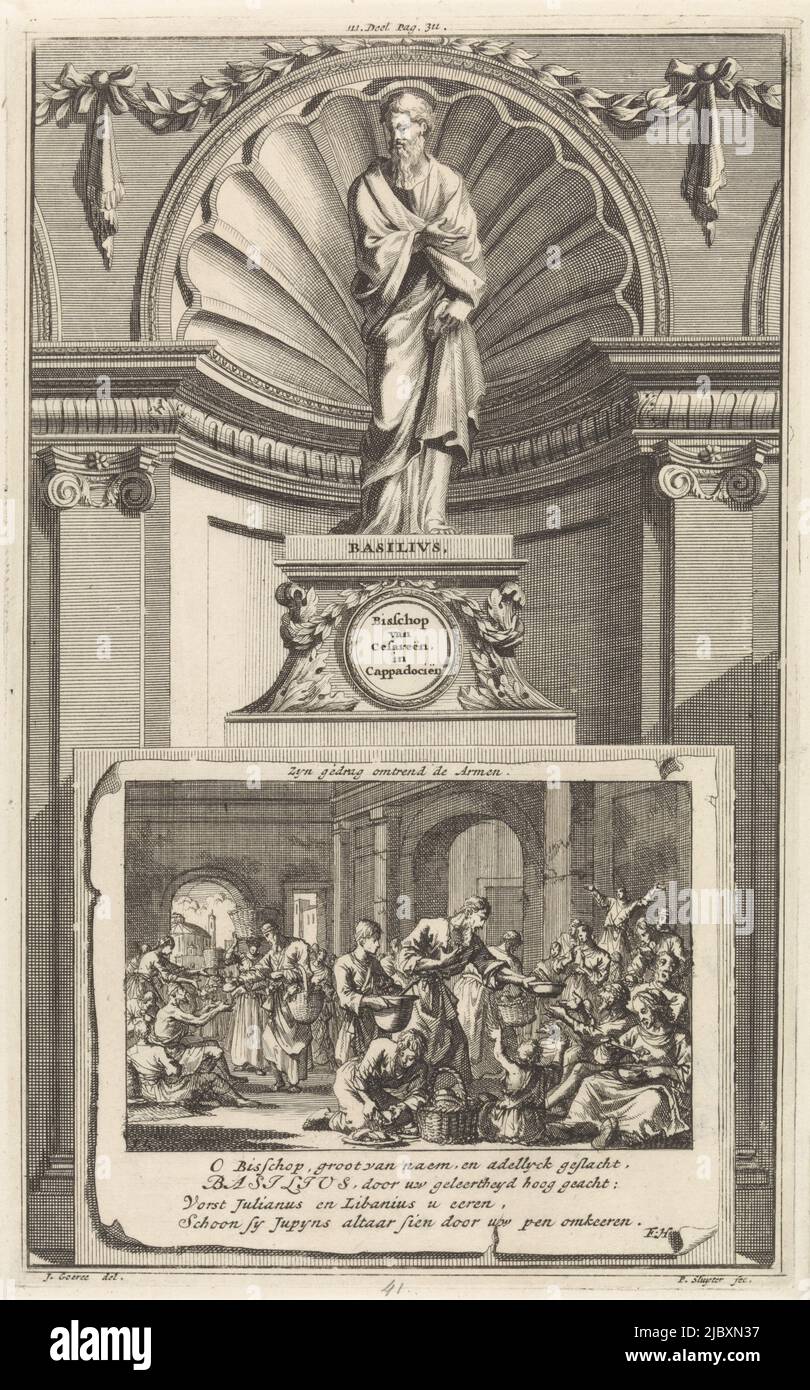 The holy church father Basil of Caesarea, standing on a pedestal. On the obverse the scene of Basil distributing food to the poor. Print marked top center: III. Part Pag. 311., Saint Basil of Caesarea, Church Father Basil, Bishop of Caesarea in Cappadocia. His conduct to the poor , print maker: Jan Luyken, (mentioned on object), print maker: Zacharias Chatelain (II), (mentioned on object), intermediary draughtsman: Jan Goeree, (mentioned on object), Amsterdam, 1698, paper, etching, engraving Stock Photo