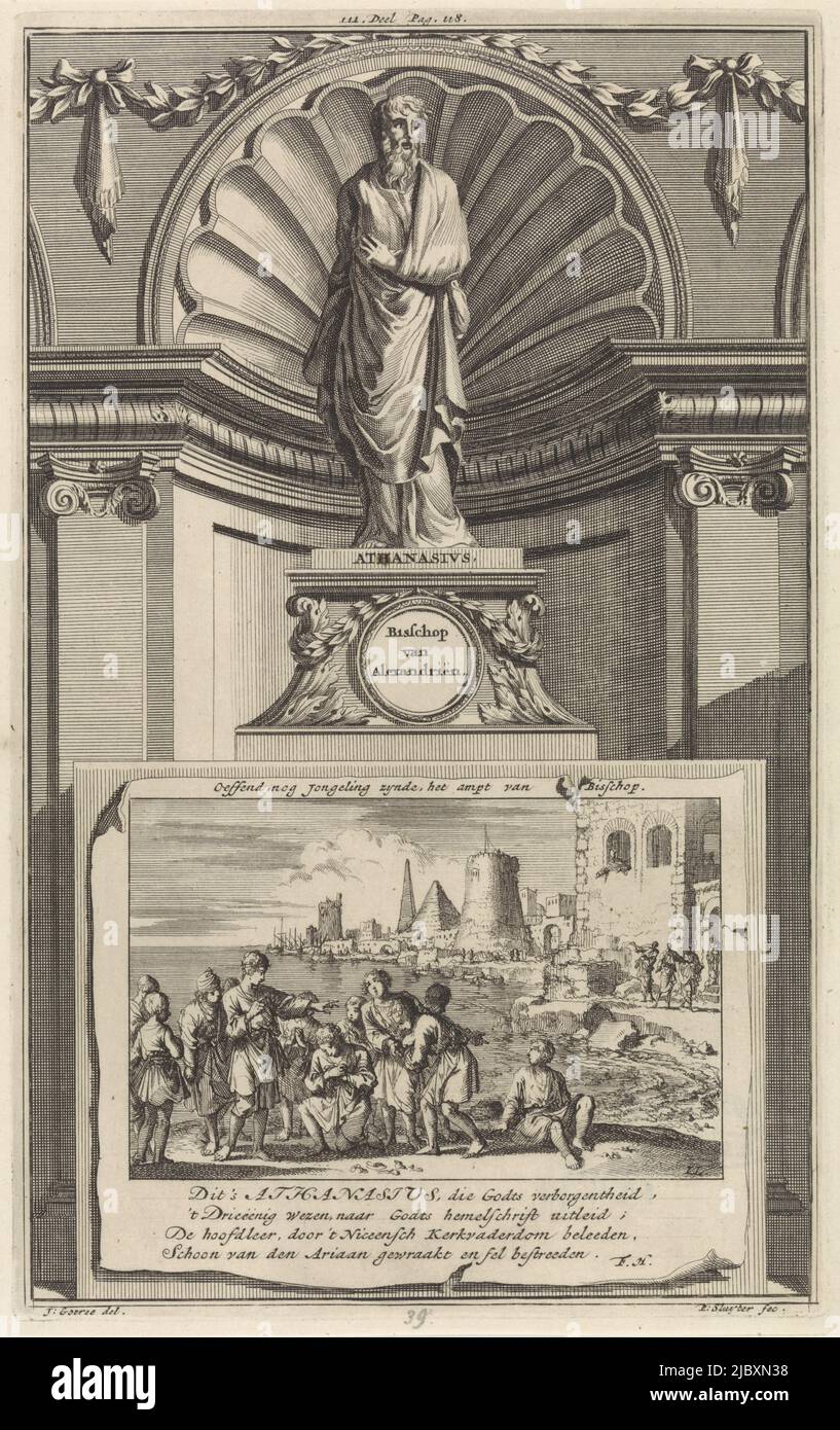 The holy church father Athanasius of Alexandria, standing on a pedestal. On the obverse a scene in which he is a boy blessing other children. Print marked top center: III. Part Pag. 118., Saint Athanasius of Alexandria, Church Father Athanasius, Bishop of Alexandria, Effend, nog Jongeling zynde, het ampt van Bisschop , print maker: Jan Luyken, (mentioned on object), print maker: Zacharias Chatelain (II), (mentioned on object), intermediary draughtsman: Jan Goeree, (mentioned on object), Amsterdam, 1698, paper, etching, engraving, h 272 mm × w 169 mm Stock Photo