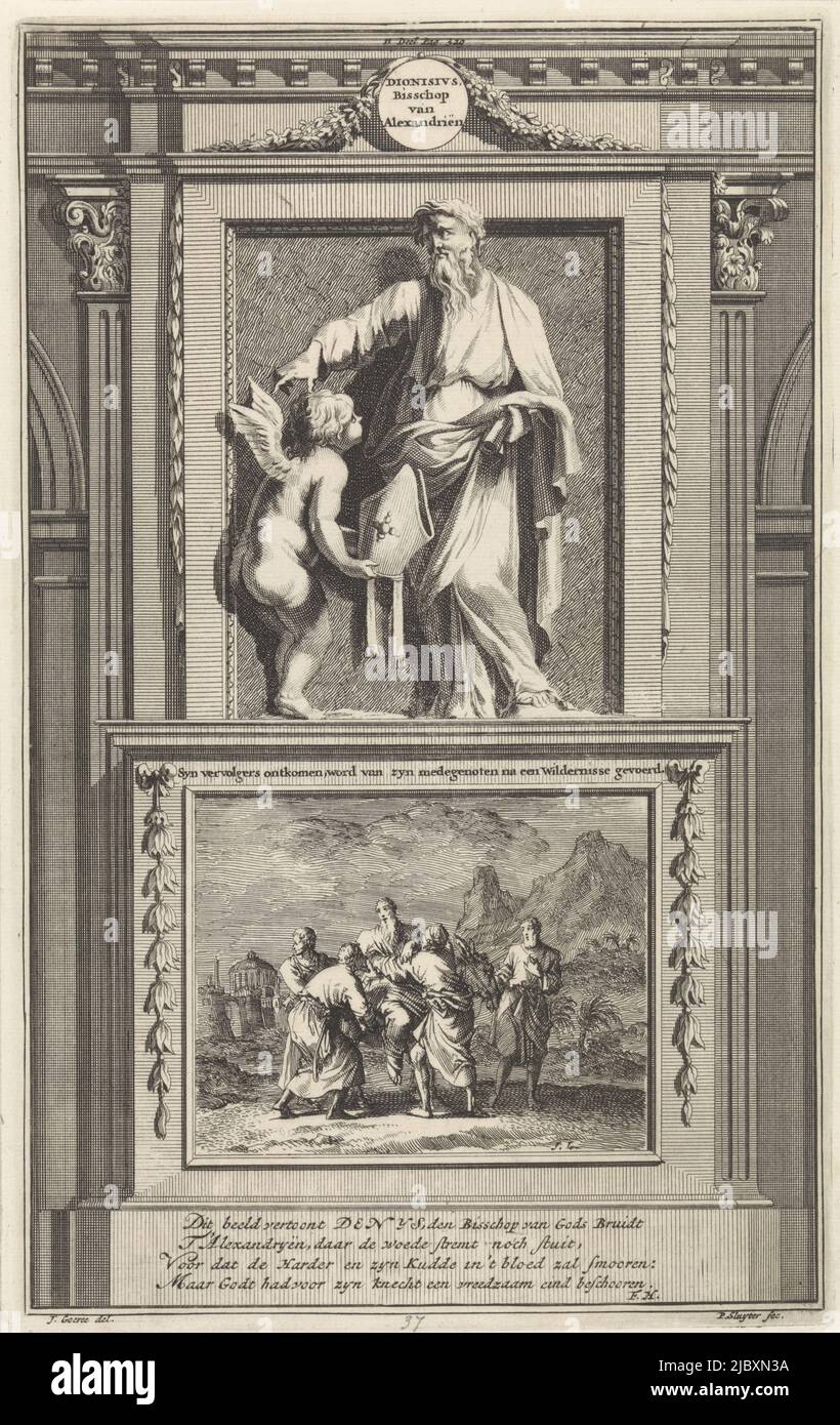 The holy church father Dionysius of Alexandria is offered the bishop's mitre by an angel. Dionysius is standing on a pedestal. On the obverse, the scene of him being put on a donkey by four elders to take him to the Libyan desert. Print marked top center: II Part Pag 329., St. Dionysius of Alexandria, Church Father Dionisius, Bishop of Alexandria Syn persecutors escaped, is led from his fellow men after a Wilderness , print maker: Jan Luyken, (mentioned on object), print maker: Zacharias Chatelain (II), (mentioned on object), intermediary draughtsman: Jan Goeree, (mentioned on object Stock Photo