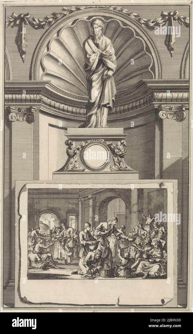 The holy church father Basil of Caesarea, standing on a pedestal. On the obverse the scene of Basil distributing food to the poor., St. Basil of Caesarea, Church Father, print maker: Jan Luyken, print maker: Zacharias Chatelain (II), intermediary draughtsman: Jan Goeree, Amsterdam, 1698, paper, etching, engraving, h 269 mm × w 167 mm Stock Photo
