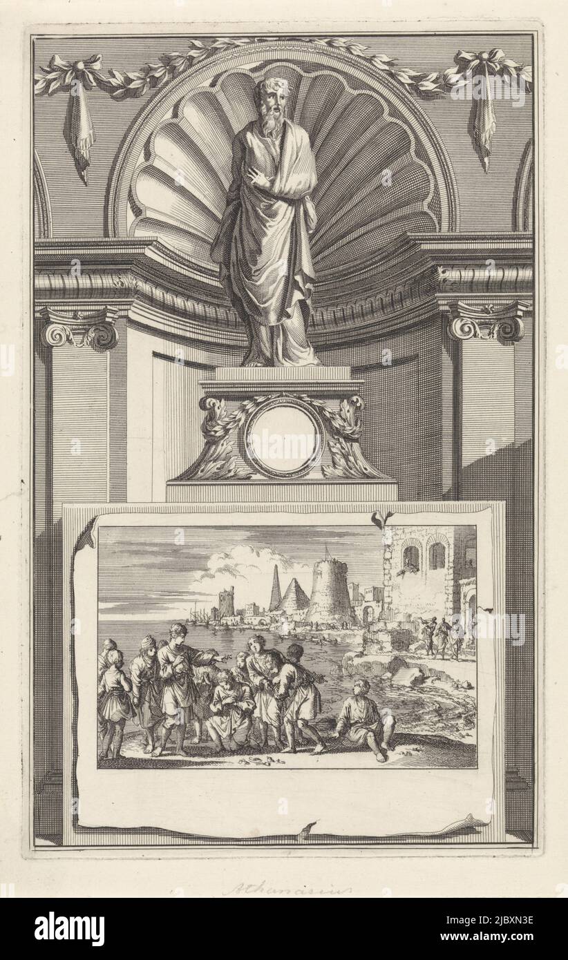 The holy church father Athanasius of Alexandria, standing on a pedestal. On the obverse a scene in which, as a boy, he blesses other children., Saint Athanasius of Alexandria, Church Father, print maker: Jan Luyken, print maker: Zacharias Chatelain (II), intermediary draughtsman: Jan Goeree, Amsterdam, 1698, paper, etching, engraving, h 271 mm × w 170 mm Stock Photo