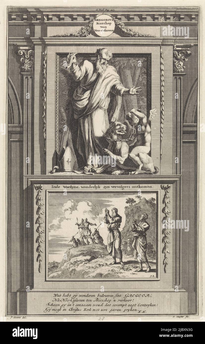 The holy church father Gregory of Nyssa beholds an angel sitting on the back of a demonic beast and restraining it with chains. Gregory stands on a pedestal. On the obverse the scene in which he and his deacon pray to God while they are chased by Roman soldiers. Print marked top center: II Part Pag. 213., St. Gregory of Nyssa, Church Father Gregory, Bishop of Neo-Cesareen Inde Woestyne, miraculously escaped his persecutors , print maker: Jan Luyken, (mentioned on object), print maker: Zacharias Chatelain (II), (mentioned on object), intermediary draughtsman: Jan Goeree, (mentioned on object Stock Photo