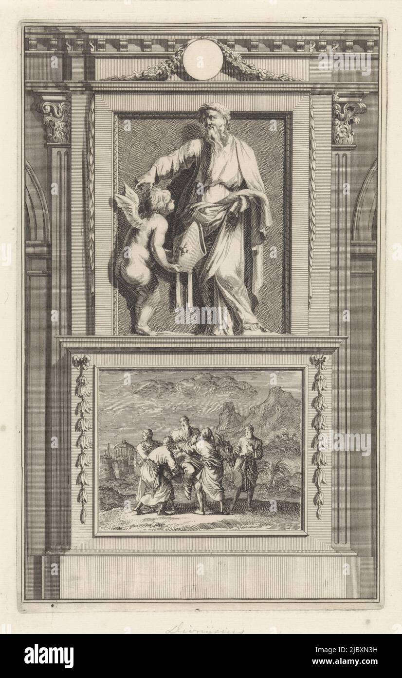 The holy church father Dionysius of Alexandria is offered the bishop's mitre by an angel. Dionysius is standing on a pedestal. On the obverse the scene in which he is put on a donkey by four elders to take him to the Libyan desert., St. Dionysius of Alexandria, Church Father, print maker: Jan Luyken, print maker: Zacharias Chatelain (II), intermediary draughtsman: Jan Goeree, Amsterdam, 1698, paper, etching, engraving, h 280 mm × w 172 mm Stock Photo