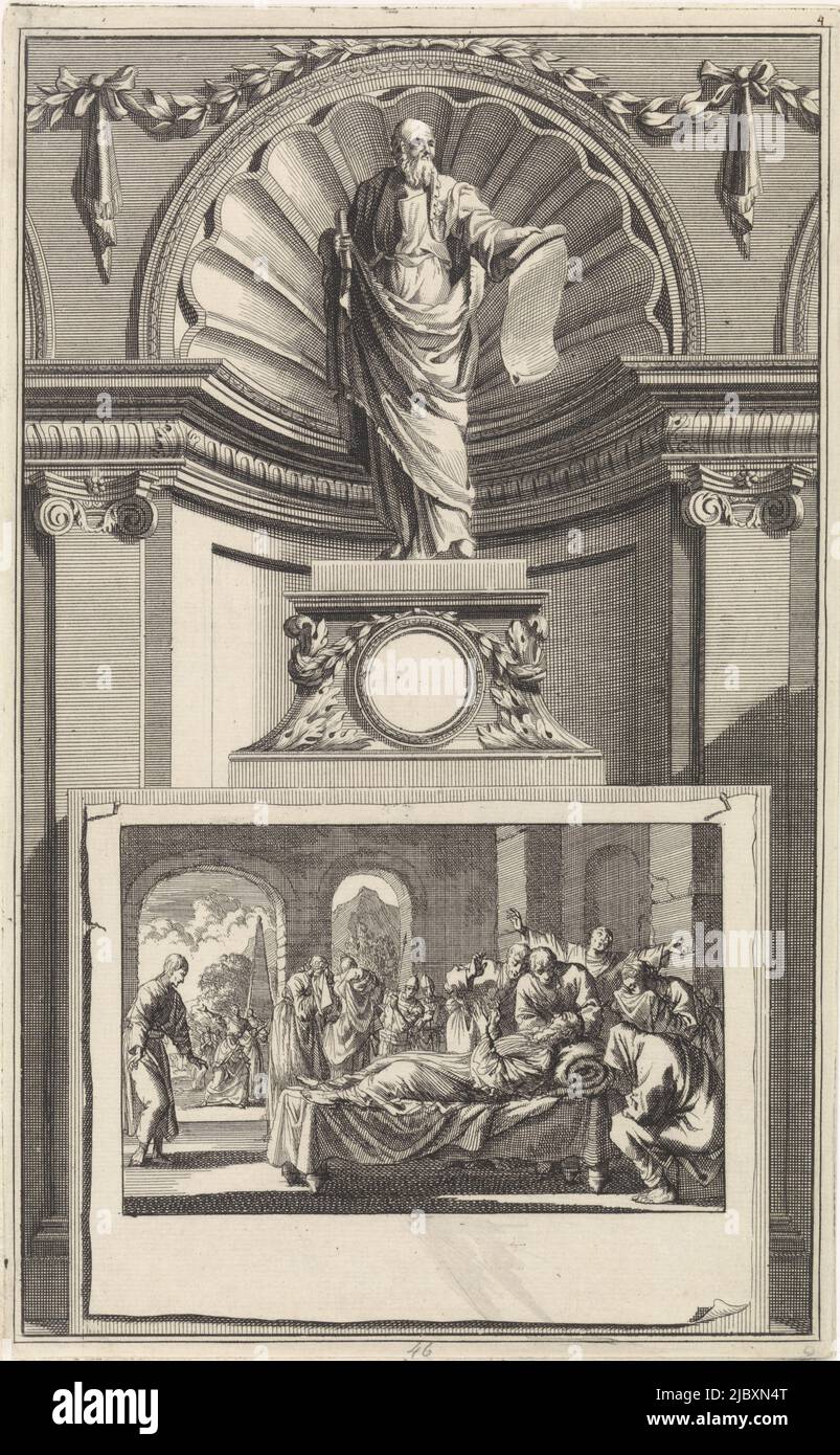 The holy church father John Chrysostomus, standing on a pedestal. On the obverse a scene in which Chrysostomus dies after being mistreated several times., St. John Chrysostomus, Church Father, print maker: Jan Luyken, print maker: Zacharias Chatelain (II), intermediary draughtsman: Jan Goeree, Amsterdam, 1698, paper, etching, engraving, h 270 mm × w 167 mm Stock Photo
