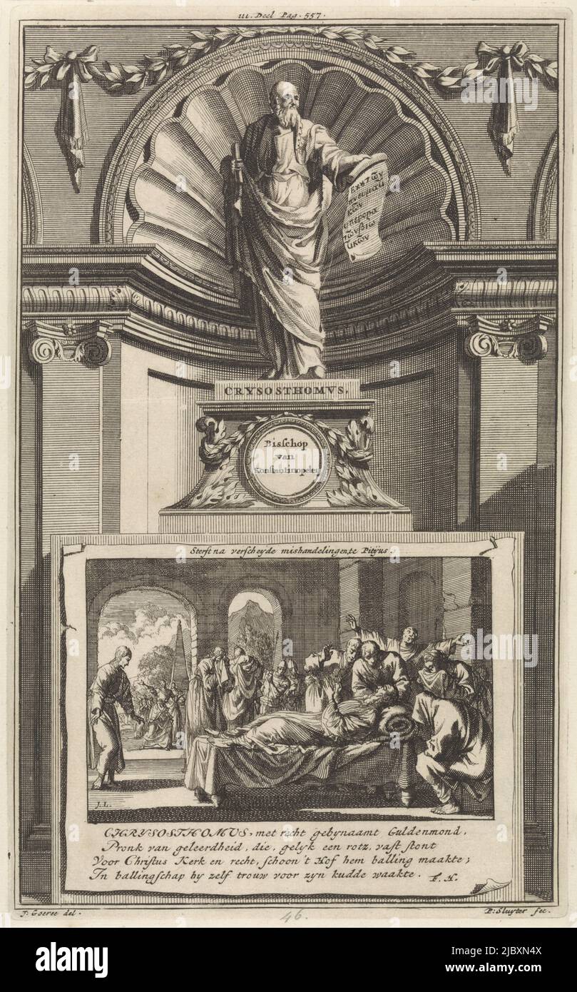 The holy church father John Chrysostomus, standing on a pedestal. On the obverse a scene in which Chrysostomus dies after being mistreated several times. Print marked top center: III. Part Pag. 557., St. John Chrysostomus, Church Father Chrysosthomus, Bishop of Constantinople Dies after several beatings, at Pitijus , print maker: Jan Luyken, (mentioned on object), print maker: Zacharias Chatelain (II), (mentioned on object), intermediary draughtsman: Jan Goeree, (mentioned on object), Amsterdam, 1698, paper, etching, engraving, h 272 mm × w 167 mm Stock Photo