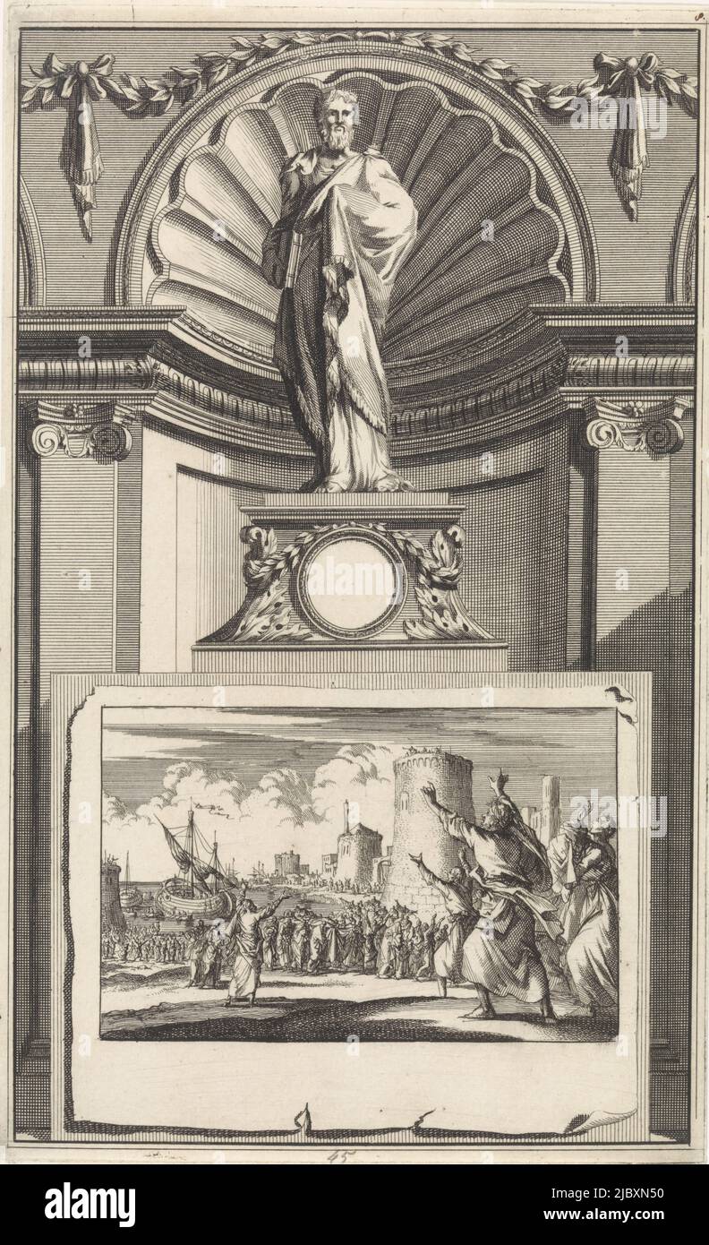 The holy church father Epiphanius of Salamis, standing on a pedestal. On the obverse a scene in which the body of the deceased Epiphanius is brought back to Constantinople., Saint Epiphanius of Salamis, Church Father, print maker: Jan Luyken, print maker: Zacharias Chatelain (II), intermediary draughtsman: Jan Goeree, Amsterdam, 1698, paper, etching, engraving, h 270 mm × w 166 mm Stock Photo