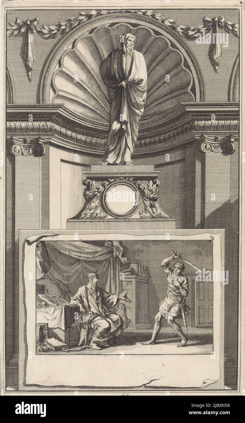 The holy church father Ambrose of Milan, standing on a pedestal. On the obverse the scene in which an assassin's arm stiffens by a miracle at the moment he wants to kill Ambrose., St. Ambrose of Milan, Church Father, print maker: Jan Luyken, print maker: Zacharias Chatelain (II), intermediary draughtsman: Jan Goeree, Amsterdam, 1698, paper, etching, engraving, h 269 mm × w 167 mm Stock Photo