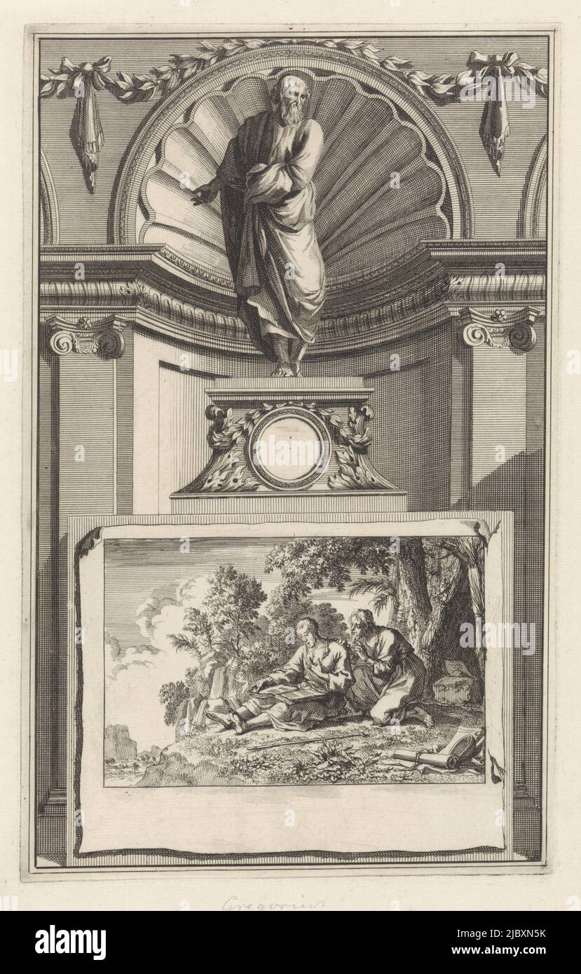 The holy church father Gregory of Nazianze the Younger, standing on a pedestal. On the obverse the scene in which he seeks out his friend Basil of Caesarea in hermitage, St. Gregory of Nazianze the Younger, Church Father, print maker: Jan Luyken, print maker: Zacharias Chatelain (II), intermediary draughtsman: Jan Goeree, Amsterdam, 1698, paper, etching, engraving, h 268 mm × w 169 mm Stock Photo