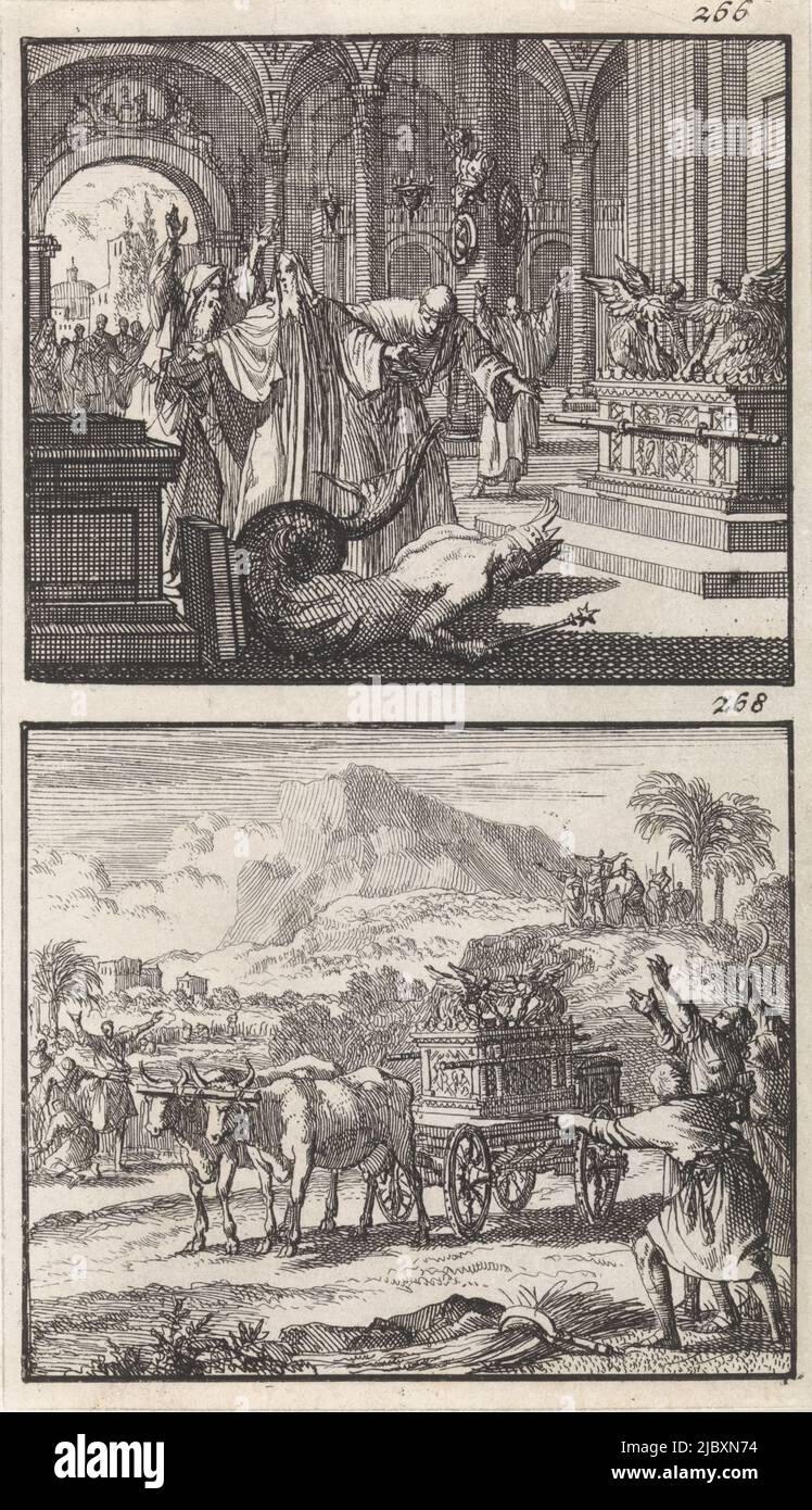 Two representations of a plate. Numbered top right: 266 and 268., Ark of the Covenant in the Temple of Dagon / Return of the Ark of the Covenant, print maker: Jan Luyken, publisher: Barent Visscher, publisher: Andries van Damme, Amsterdam, 1698, paper, etching, h 158 mm × w 91 mm Stock Photo