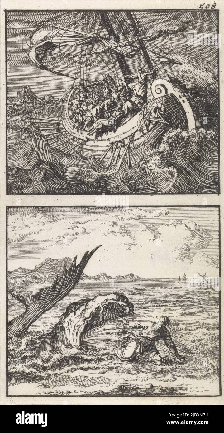 Jonah thrown out of the ship in the storm / Jonah spit out by the whale, print maker: Jan Luyken, (mentioned on object), publisher: Barent Visscher, publisher: Andries van Damme, Amsterdam, 1698, paper, etching, h 156 mm × w 87 mm Stock Photo