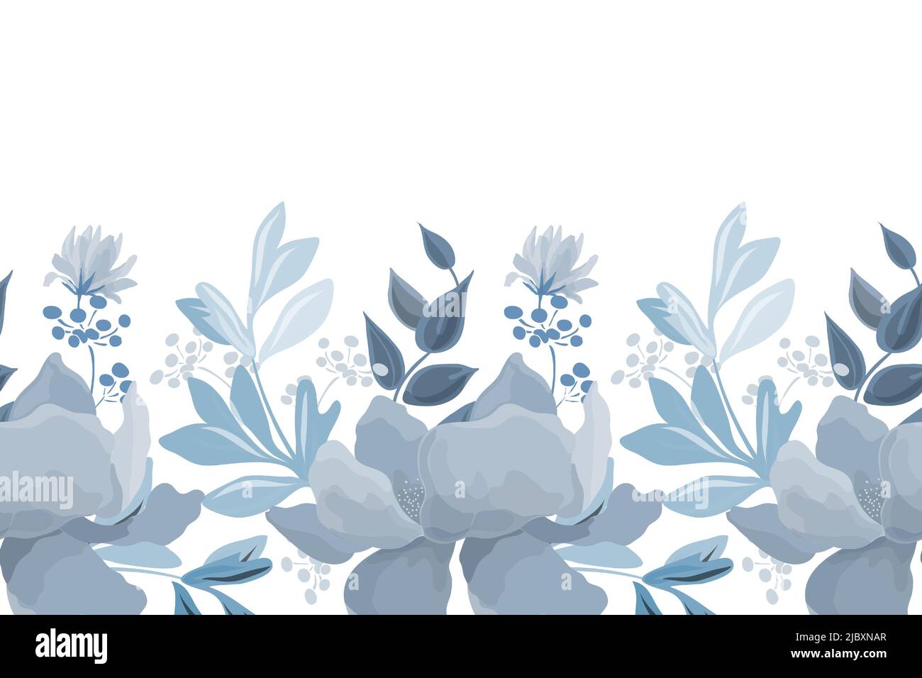 Vector floral seamless pattern, border. Horizontal panoramic illustration with blue flowers isolated on a white background. Stock Vector