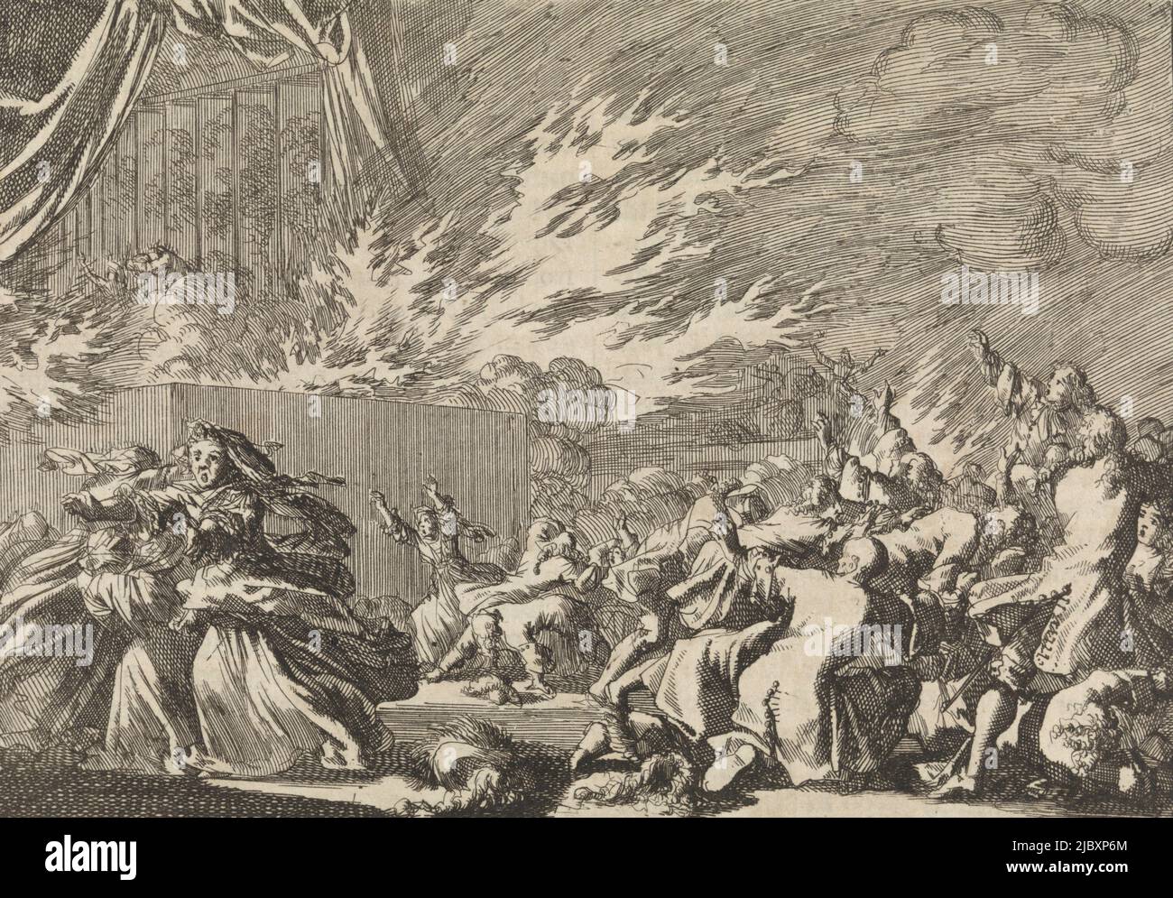 Fire of a wooden shed in which a theatrical performance is taking place next to Amelienborg Castle in Copenhagen, 1689, print maker: Jan Luyken, publisher: Pieter van der Aa (I), print maker: Amsterdam, publisher: Leiden, 1698, paper, etching, letterpress printing, h 111 mm × w 156 mm Stock Photo