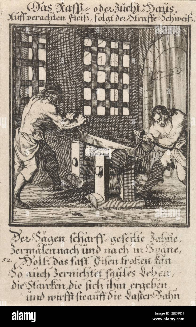 Print left of verse numbered: 52., Rasp- or Tucht-Haus Das Rasp- oder Zucht-Haus , print maker: Caspar Luyken, anonymous, 1711, paper, etching, h 131 mm × w 84 mm Stock Photo