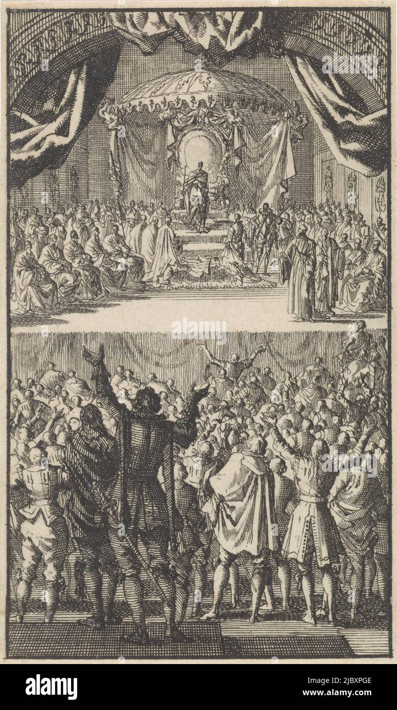 In a throne room, King Philip II of Spain is crowned King of Portugal. In the foreground cheering courtiers, Philip II is crowned king of Portugal, 1581, print maker: Jan Luyken, Amsterdam, 1699, paper, etching, h 128 mm × w 76 mm Stock Photo