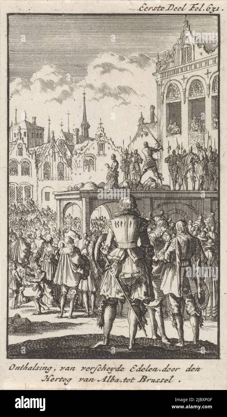 The Counts Egmond and Horne, along with other nobles, are beheaded with the sword on the Grand Place in Brussels on the orders of the Duke of Alva. A crowd has gathered around the scaffold, Execution of the Counts Egmond and Horne, 1567 Execution of several nobles by the Duke of Alba, at Brussels , print maker: Jan Luyken, bookseller: Engelbrecht Boucquet, Amsterdam, 1699, paper, etching, h 145 mm × w 86 mm Stock Photo