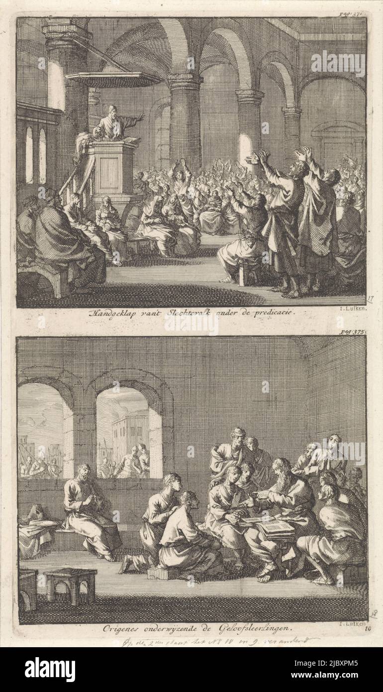 Two representations on a plate. Above: interior of a church. A priest  preaches from the pulpit. Several listeners disrupt his sermon by clapping  their hands. Below: church father Origen teaching the catechism